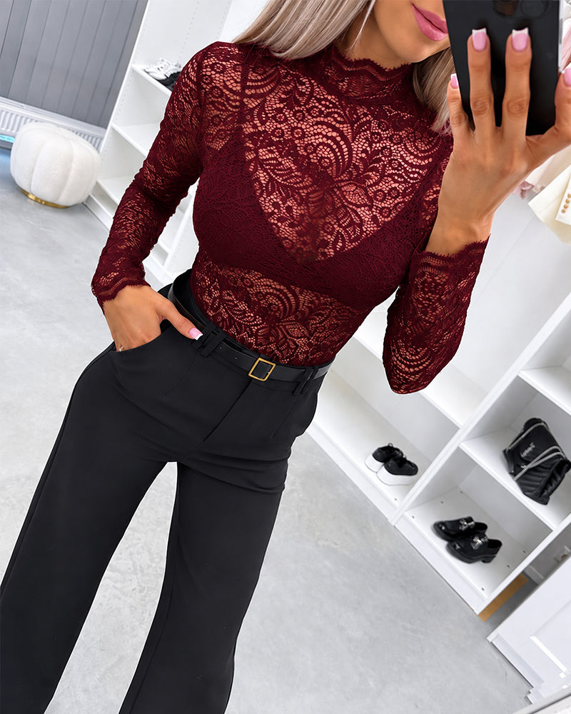 ChicMe Couture Women's Sheer Lace Mesh Long Sleeve Top