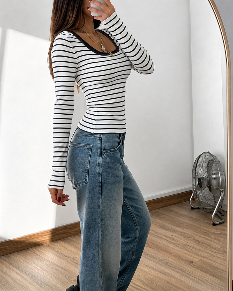 ChicMe Couture Women's Striped Long Sleeve U Neck Basic Tops