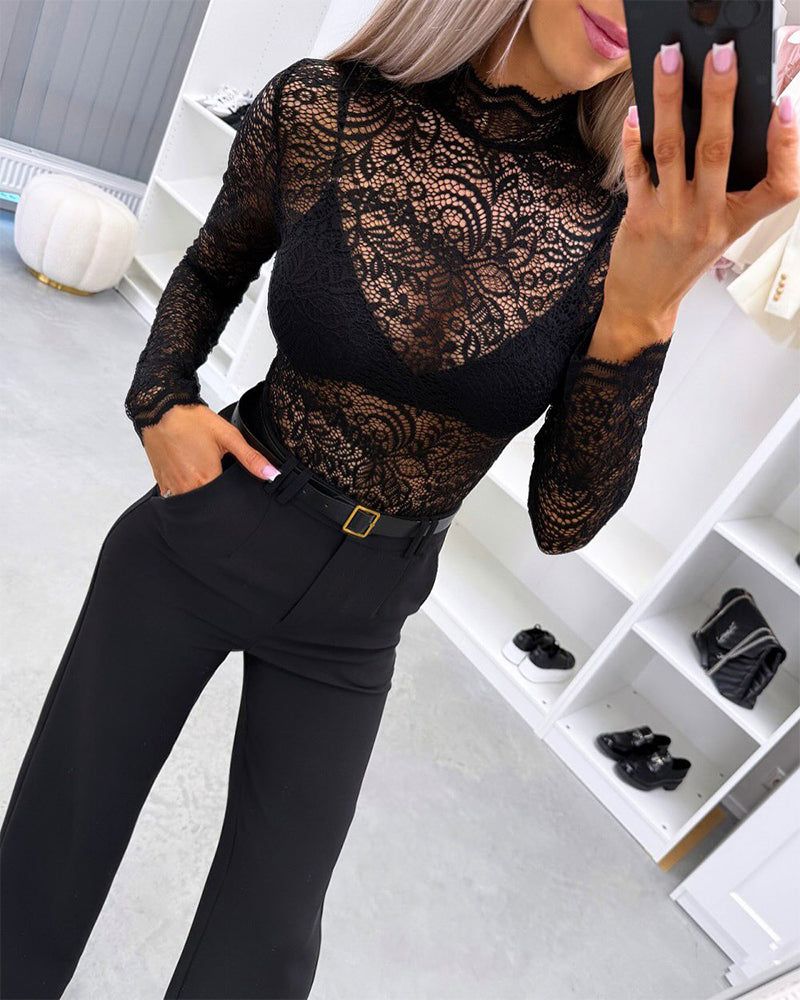 ChicMe Couture Women's Sheer Lace Mesh Long Sleeve Top