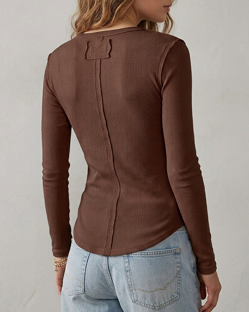 ChicMe Couture Women's Henley Long Sleeve Shirts Ribbed Button V Neck Top
