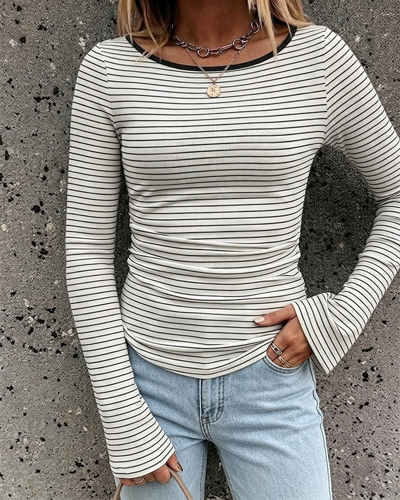 ChicMe Couture Women's French Boat Neck Striped Top Long Flare Sleeve Ribbed Knit Blouse Ruched Slim Fit Pullover