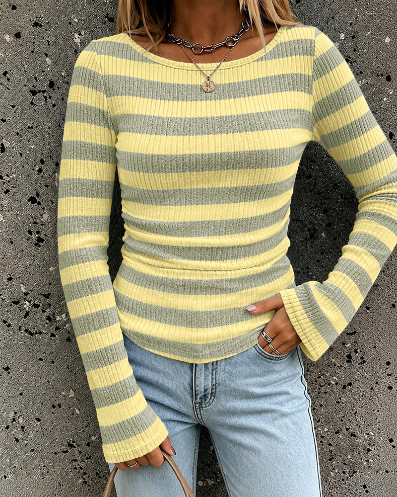 ChicMe Couture Women's Striped Brushed Ribbed Bell Sleeve Boat Neck Top