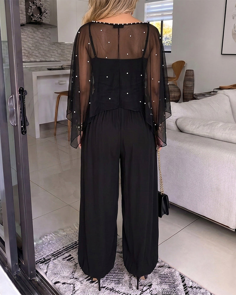 ChicMe Couture Women's Dressy Jumpsuit with Pearl Mesh Cape