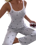ChicMe Couture Women's Pajamas Set 2 Piece Ditsy Floral Print Lace Cami Top and Pants Loungewear with Pockets Sleepwear