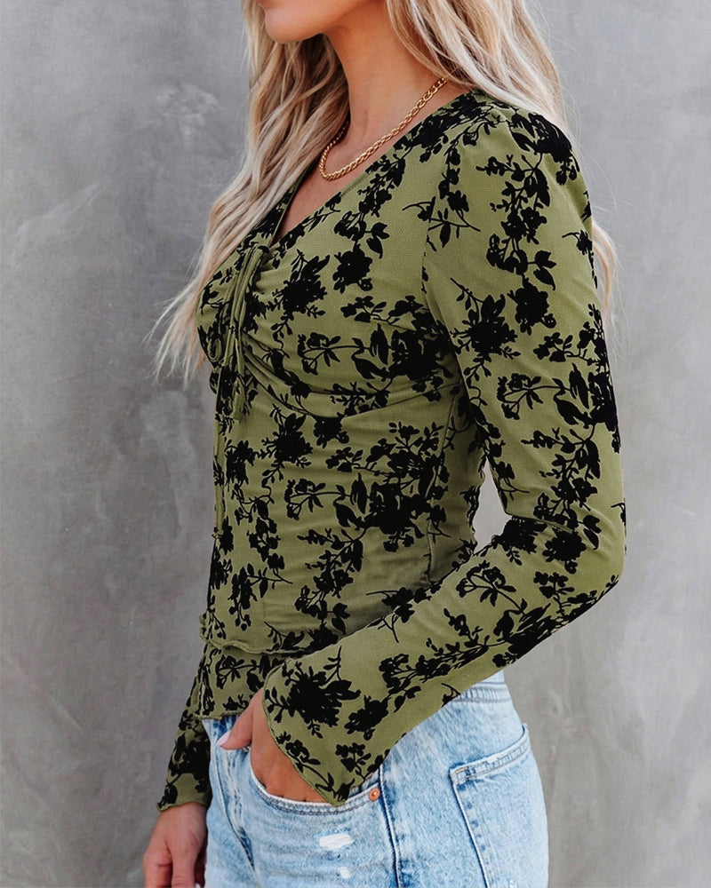 ChicMe Couture Women's Bell Sleeve Flocked Floral Mesh Top Lined Blouse Coffee Small