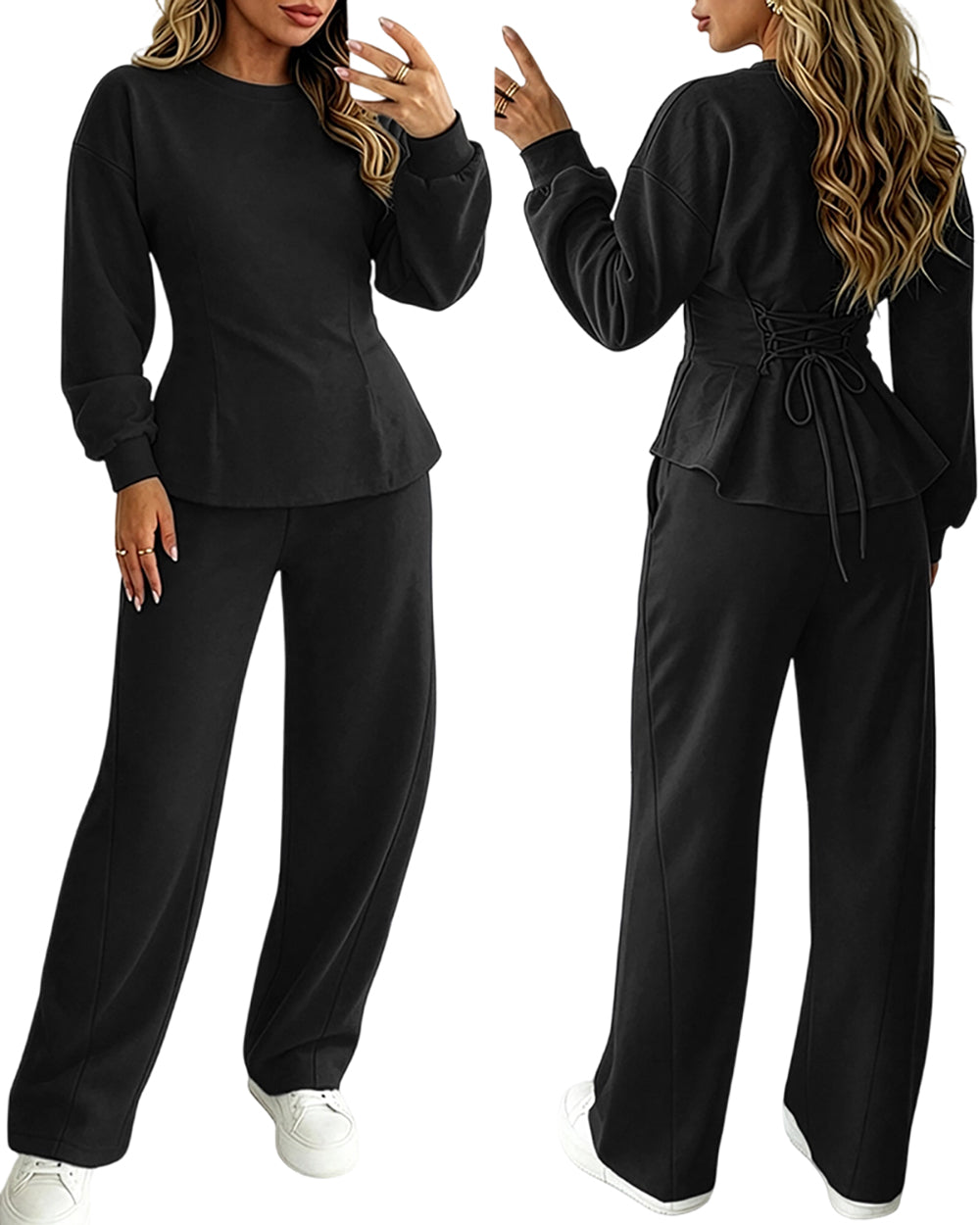 ChicMe Couture Women's 2 Piece Sweatsuit Set Long Sleeve Back Lace Up Pullover and High Waist Wide Leg Pants Lounge Tracksuit with Pockets