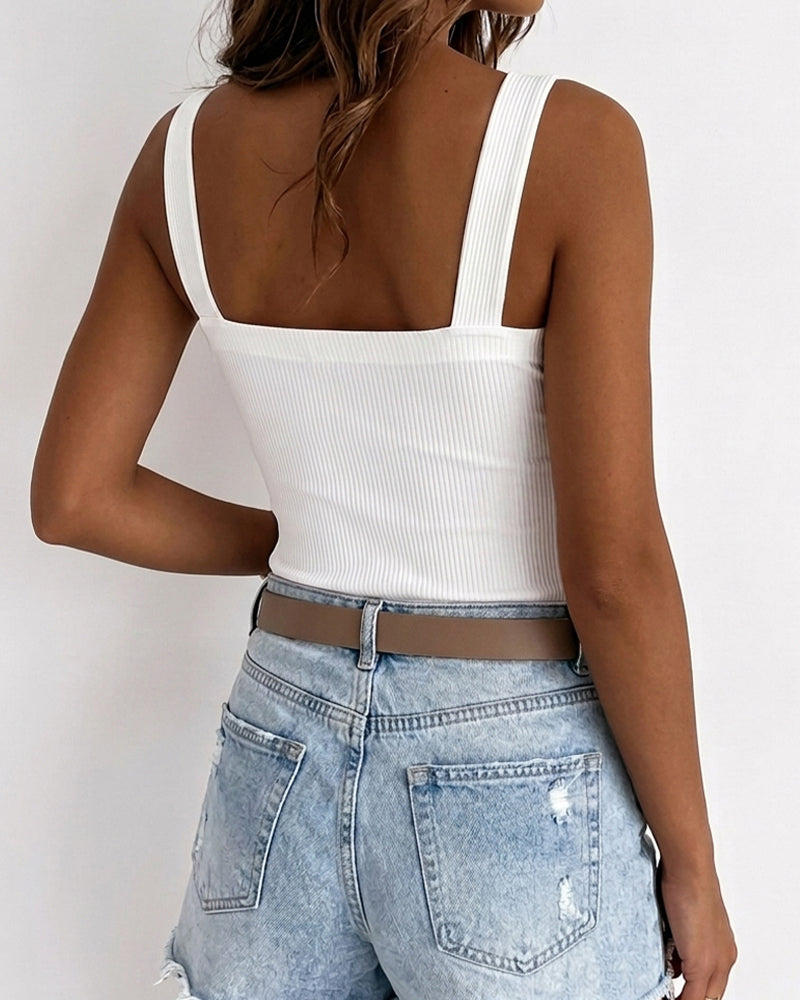 ChicMe Couture Tank Tops for Women Square Neck Ribbed Adjustable Strap Shirt Coffee Small