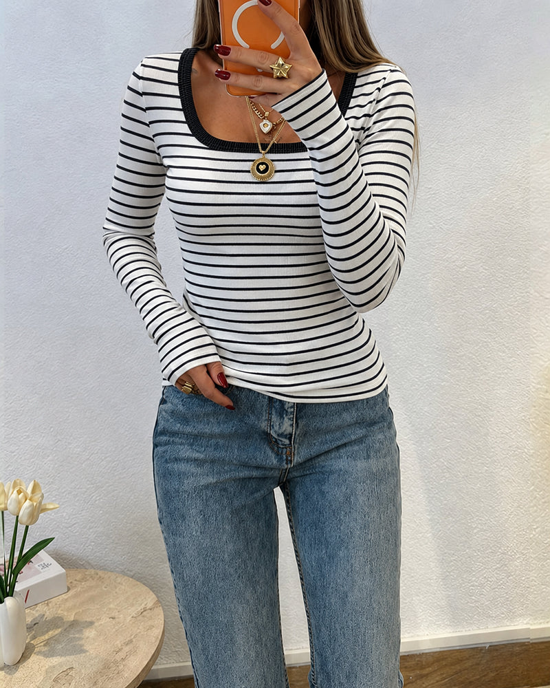 ChicMe Couture Women's Striped Long Sleeve U Neck Basic Tops