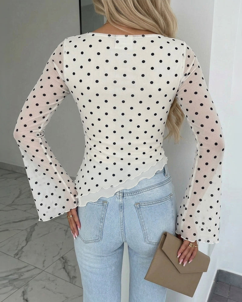 ChicMe Couture Womens Bell Sleeve Polka Dot Mesh Top Coffee Small