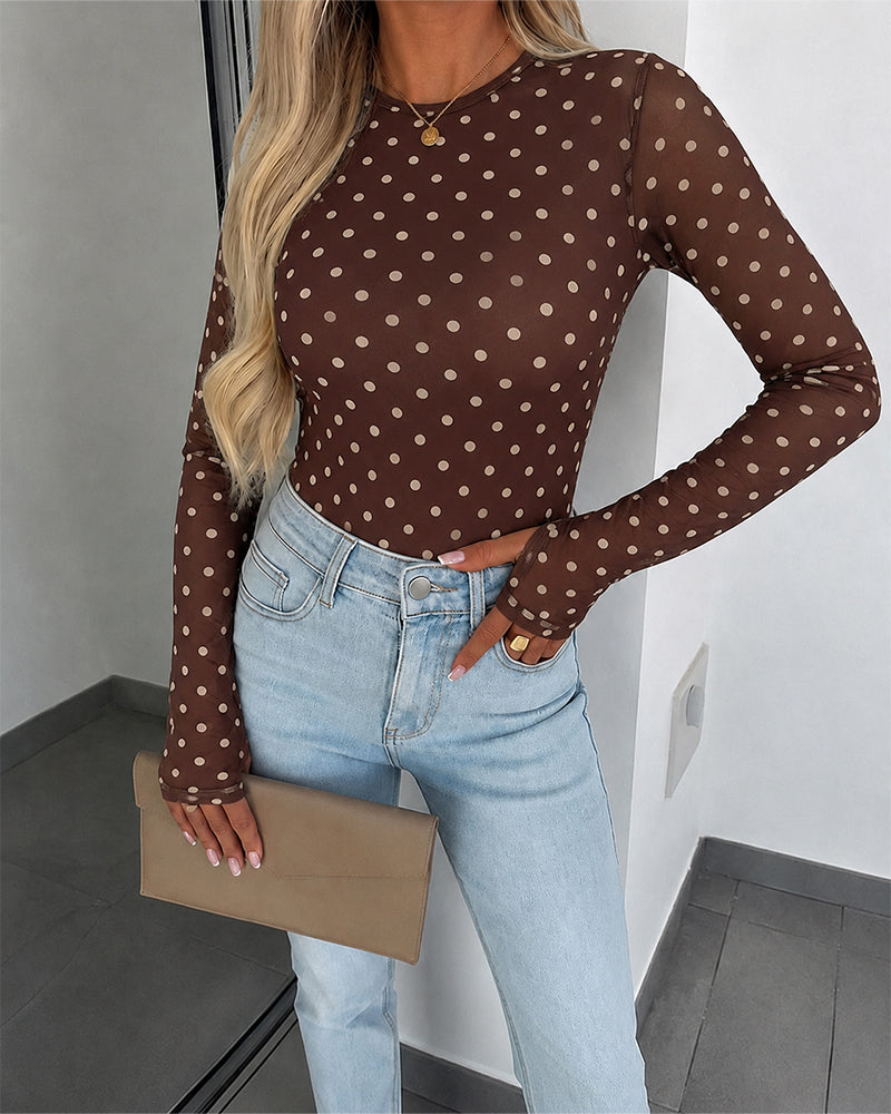 ChicMe Couture Women's Polka Dot Mesh Long Sleeve Top