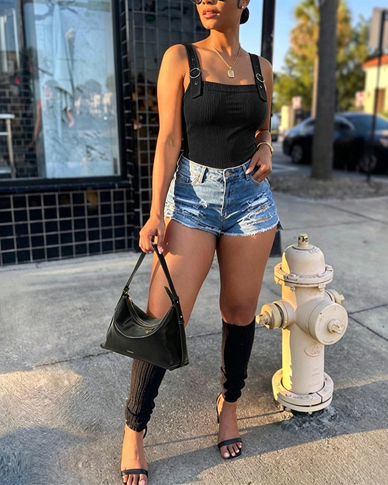 ChicMe Couture Tank Tops for Women Square Neck Ribbed Adjustable Strap Shirt Coffee Small