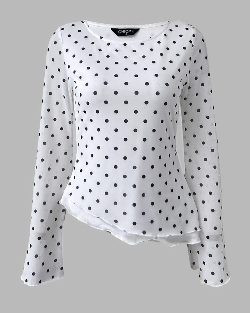 ChicMe Couture Womens Bell Sleeve Polka Dot Mesh Top Coffee Small