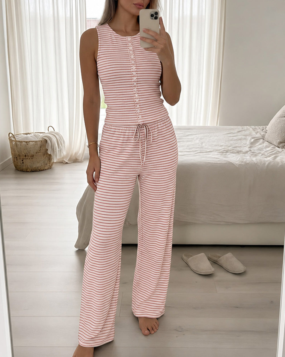 ChicMe Couture Lounge Sets For Women 2 Piece Striped Knit Pajama Set Red Bean Large