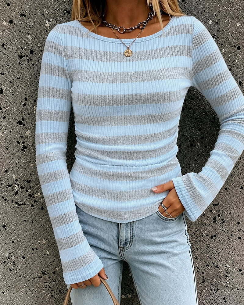 ChicMe Couture Women's Striped Brushed Ribbed Bell Sleeve Boat Neck Top