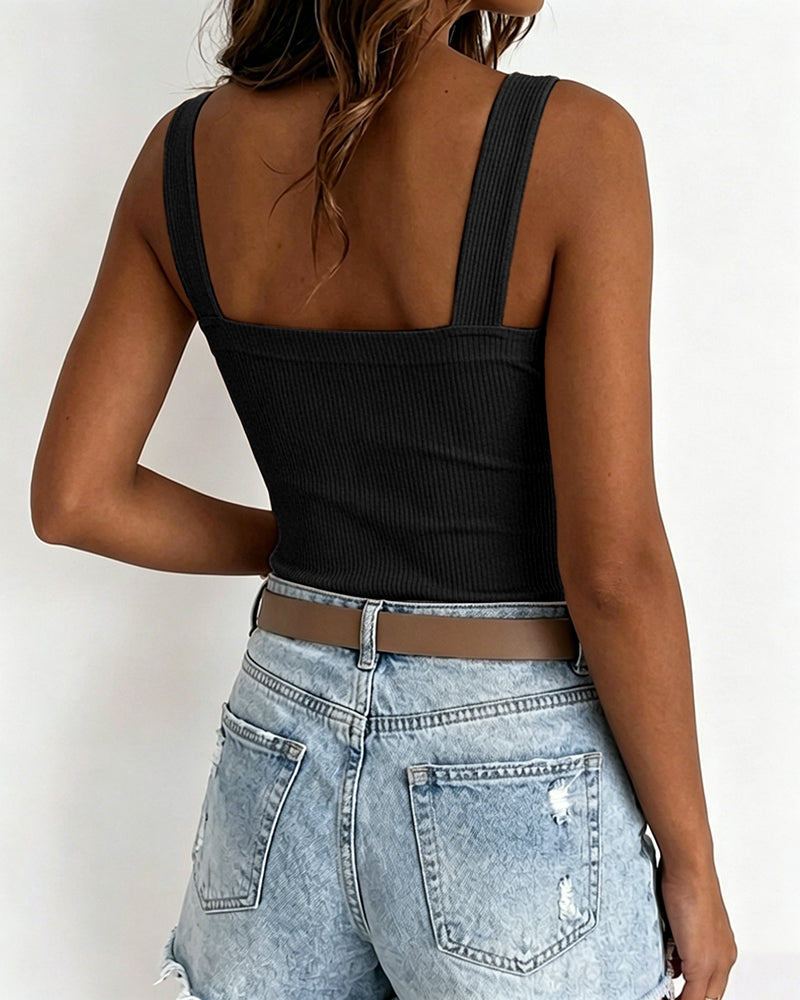 ChicMe Couture Tank Tops for Women Square Neck Ribbed Adjustable Strap Shirt Coffee Small