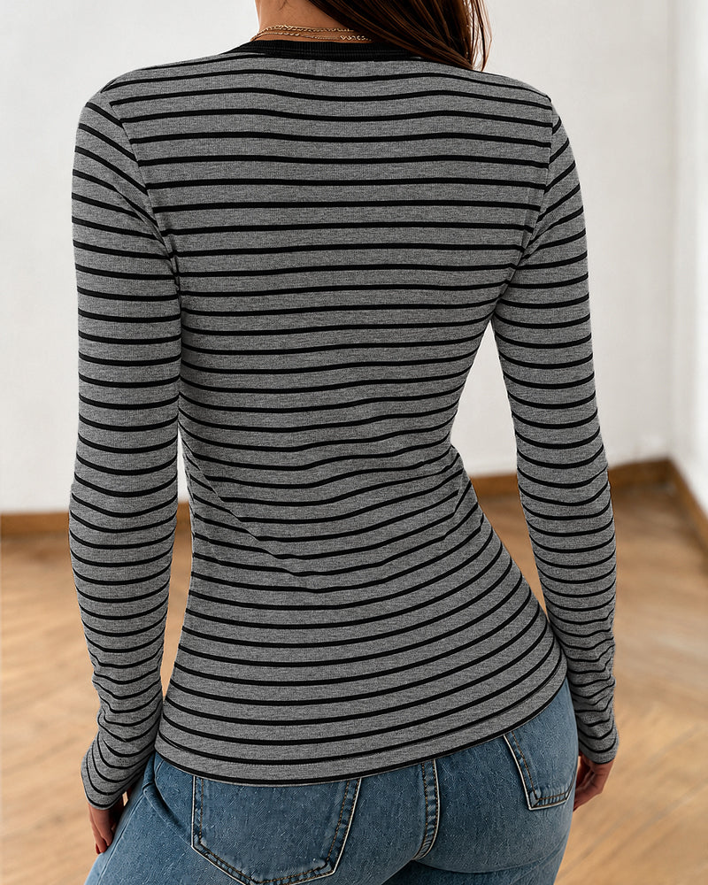ChicMe Couture Women's Striped Long Sleeve U Neck Basic Tops