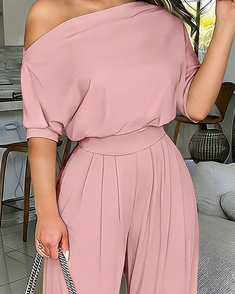 ChicMe Couture Women's One Shoulder Jumpsuit Batwing Sleeve High Waist Wide Leg Long Pants Rompers with Pockets