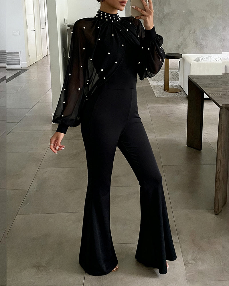 ChicMe Couture Jumpsuits for Women Mock Neck Lantern Long Sleeve Overalls Flared Date Night Jumpsuit Spring Going Out Outfits