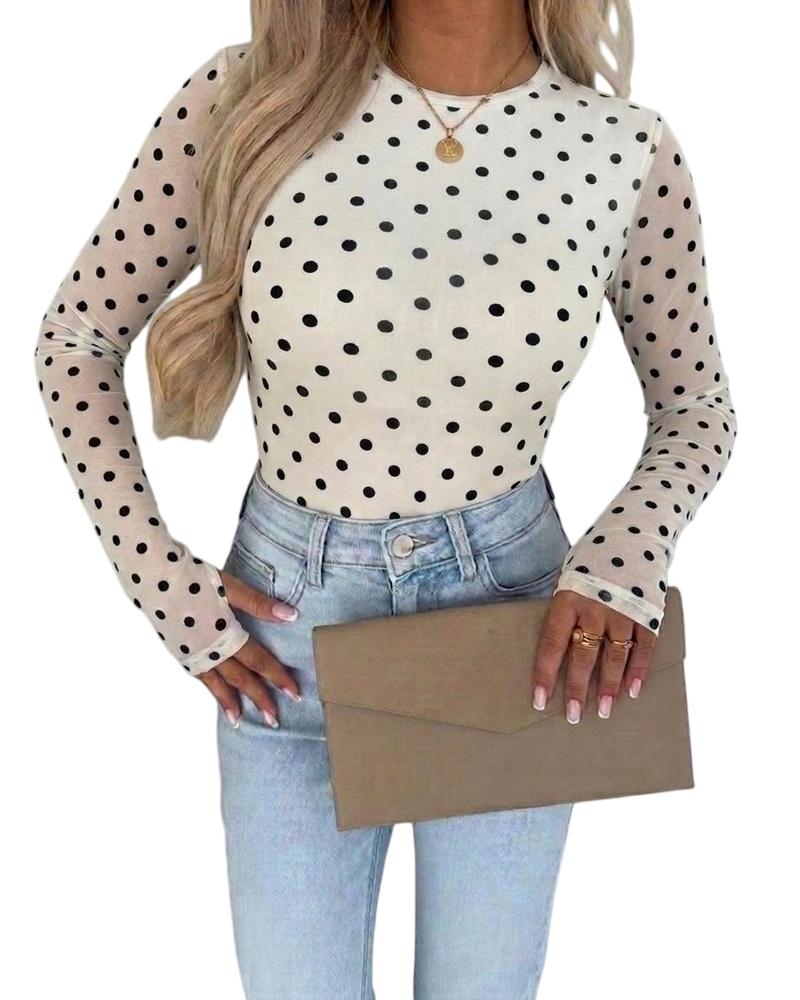 ChicMe Couture Women's Polka Dot Mesh Long Sleeve Top