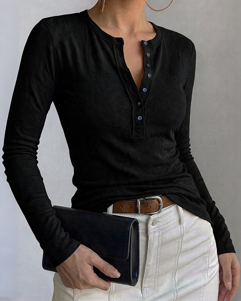 ChicMe Couture Women's Henley Long Sleeve Shirts Ribbed Button V Neck Top