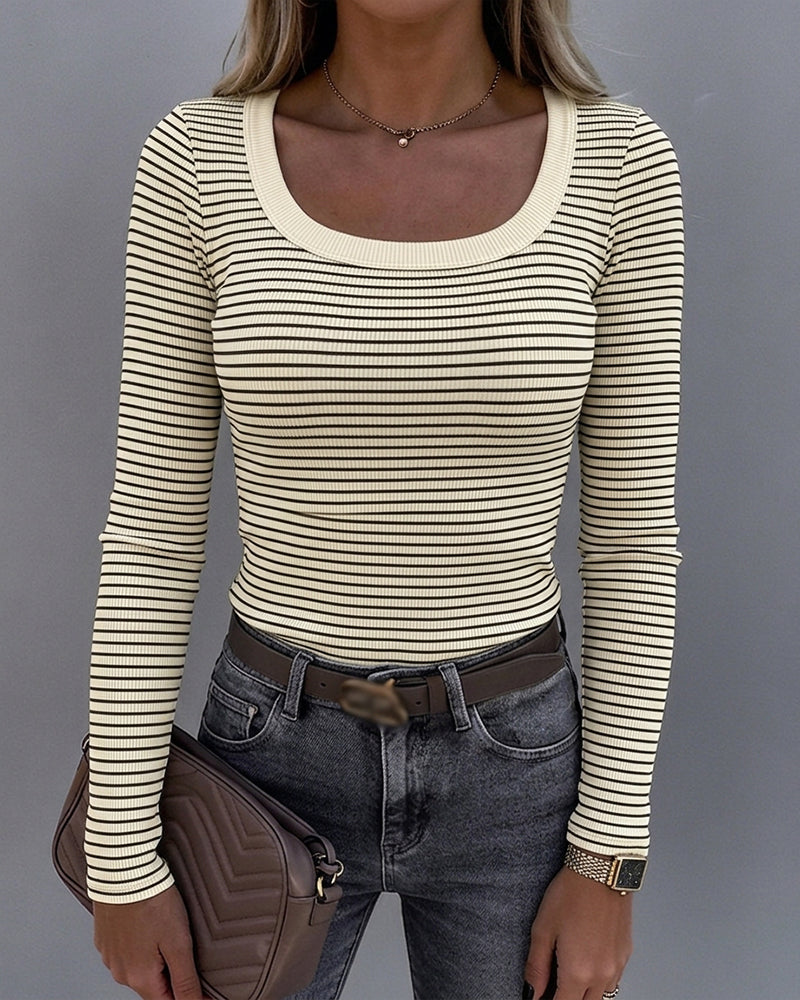 ChicMe Couture Womens Striped Long Sleeve U-Neck Top Casual Layering