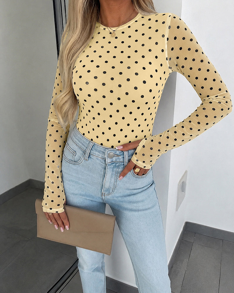 ChicMe Couture Women's Polka Dot Mesh Long Sleeve Top
