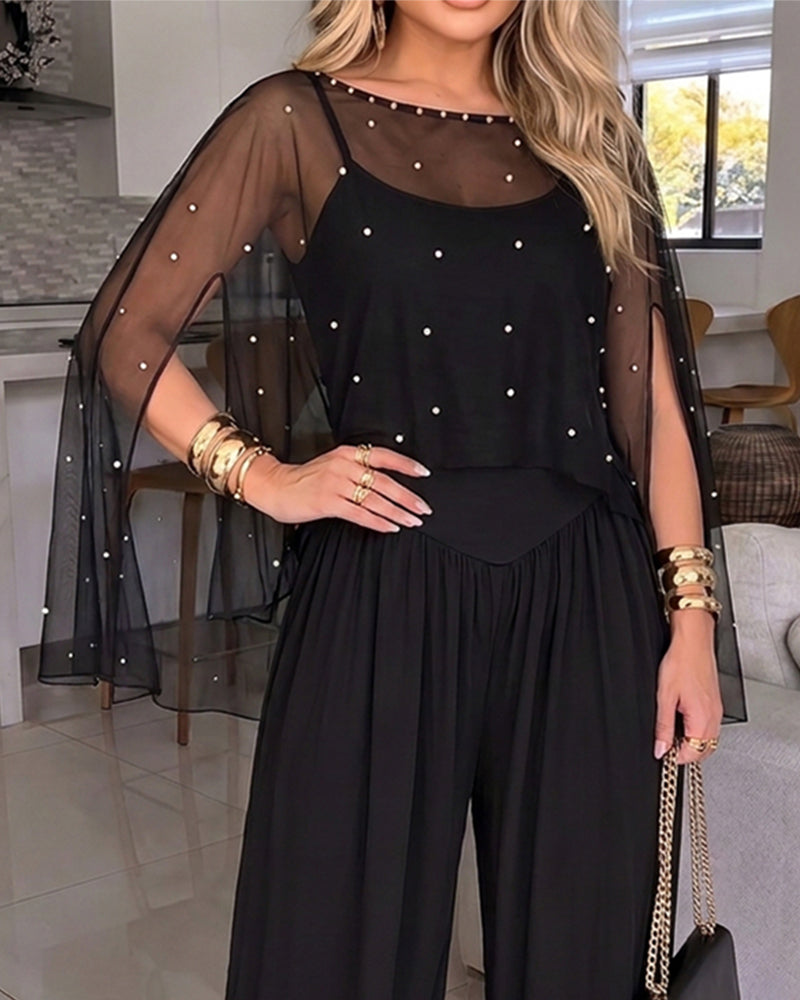 ChicMe Couture Women's Dressy Jumpsuit with Pearl Mesh Cape