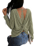 ChicMe Couture Women's Open Back Long Sleeve Top Backless Shirt Pink XX-Large