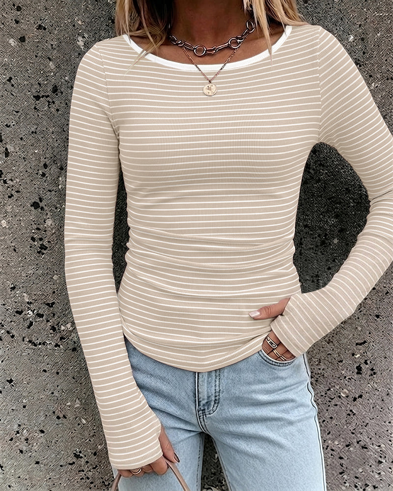 ChicMe Couture Women's Striped Boat Neck Ruched Top with Thumb Holes
