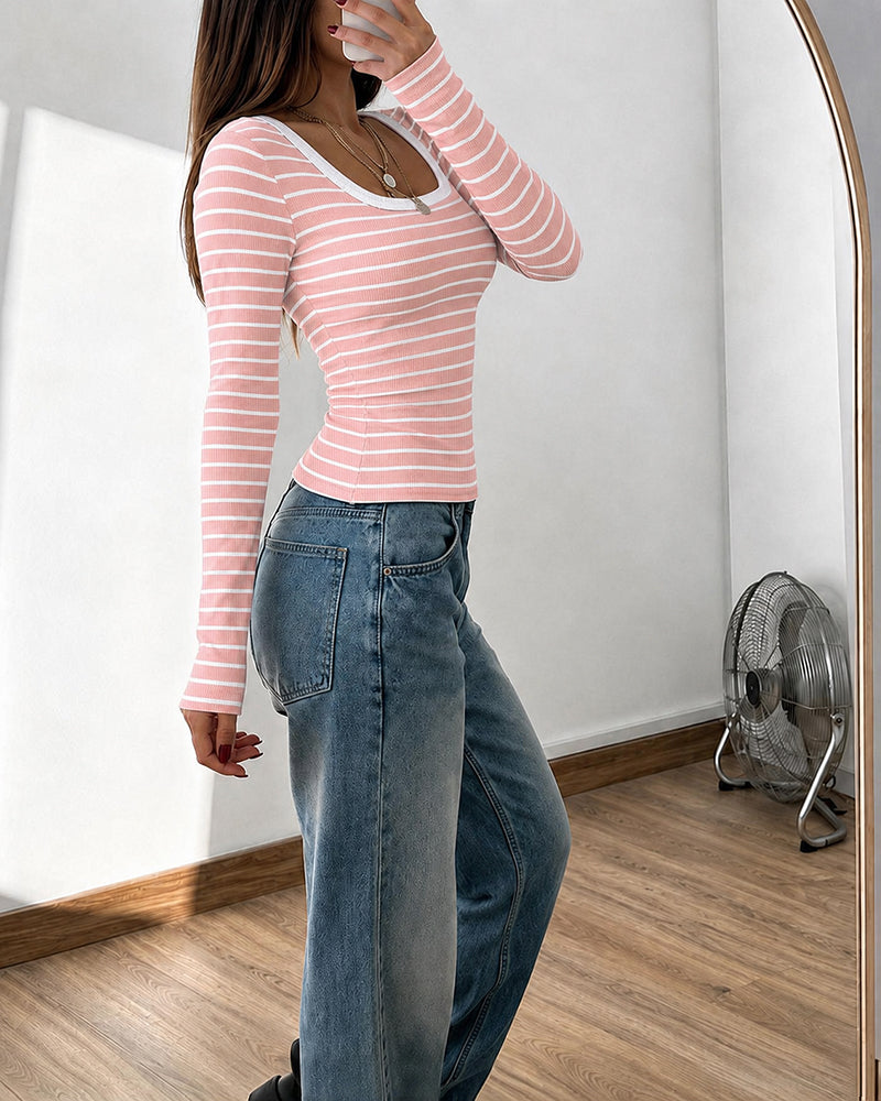 ChicMe Couture Women's Striped Long Sleeve U Neck Basic Tops