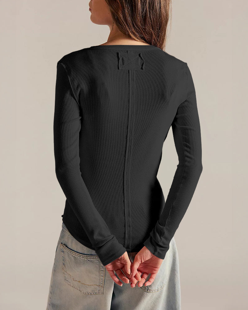 ChicMe Couture Women's Henley Long Sleeve Shirts Ribbed Button V Neck Top