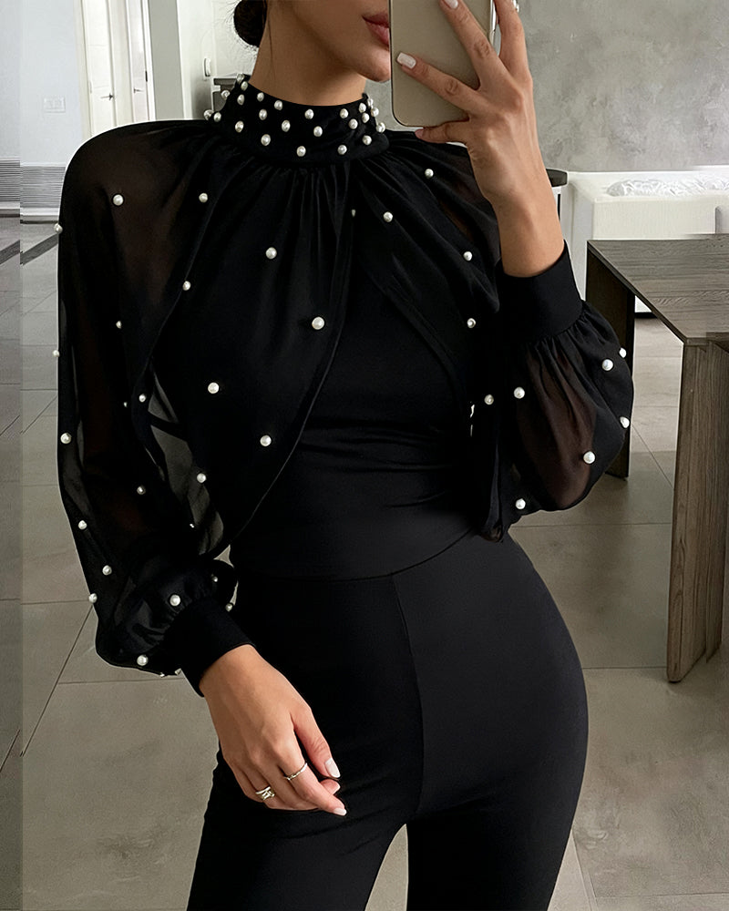 ChicMe Couture Jumpsuits for Women Mock Neck Lantern Long Sleeve Overalls Flared Date Night Jumpsuit Spring Going Out Outfits