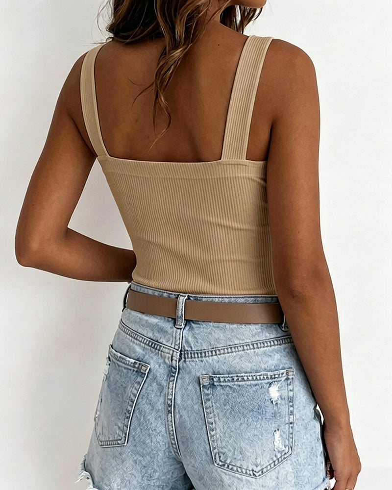 ChicMe Couture Tank Tops for Women Square Neck Ribbed Adjustable Strap Shirt Coffee Small
