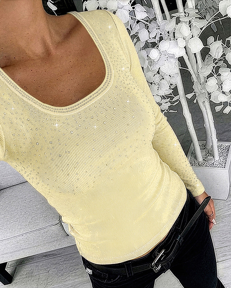 ChicMe Couture Women's Rhinestone Long Sleeve Top Khaki Medium