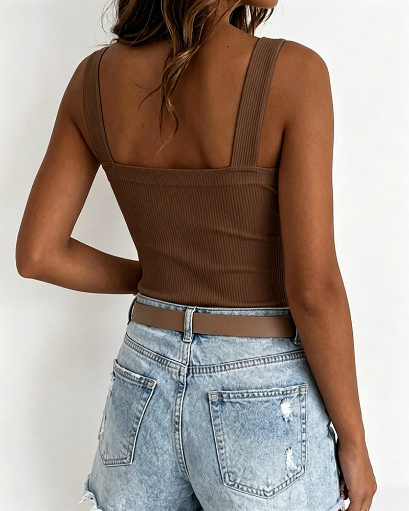 ChicMe Couture Tank Tops for Women Square Neck Ribbed Adjustable Strap Shirt Coffee Small