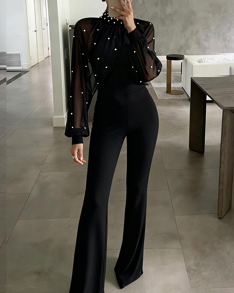 ChicMe Couture Jumpsuits for Women Mock Neck Lantern Long Sleeve Overalls Flared Date Night Jumpsuit Spring Going Out Outfits