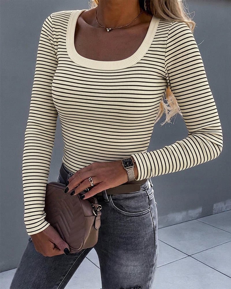 ChicMe Couture Womens Striped Long Sleeve U-Neck Top Casual Layering