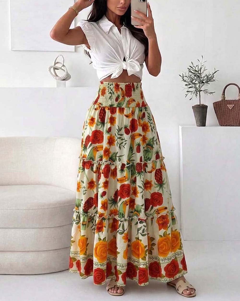 ChicMe Couture Women's Boho Casual Shirred High Waist Flowy Long Beach Resort Top