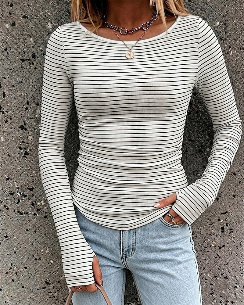 ChicMe Couture Women's Striped Boat Neck Ruched Top with Thumb Holes