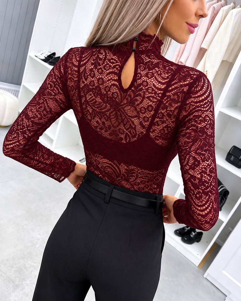 ChicMe Couture Women's Sheer Lace Mesh Long Sleeve Top