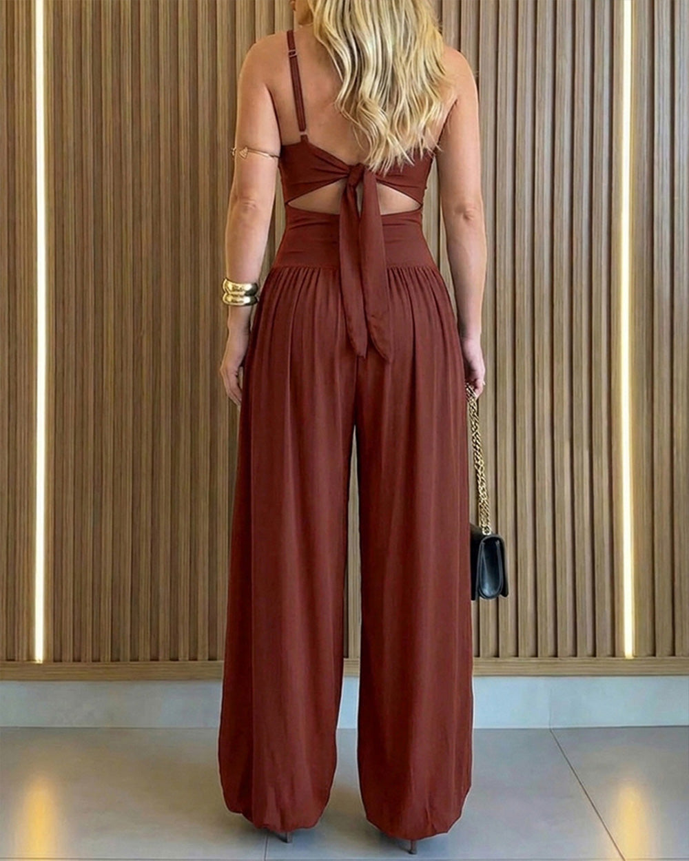 ChicMe Couture Wide Leg Jumpsuits for Women U Neck Cutout Tie Back Romper