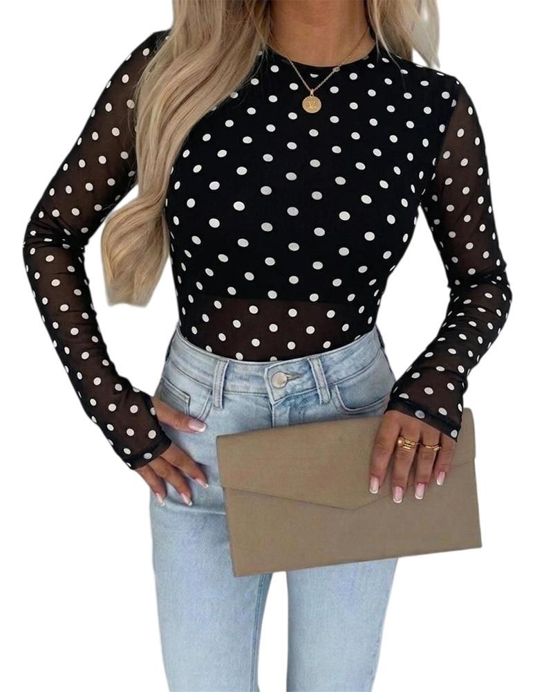 ChicMe Couture Women's Polka Dot Mesh Long Sleeve Top