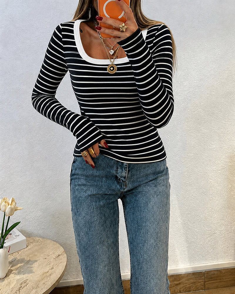 ChicMe Couture Women's Striped Long Sleeve U Neck Basic Tops