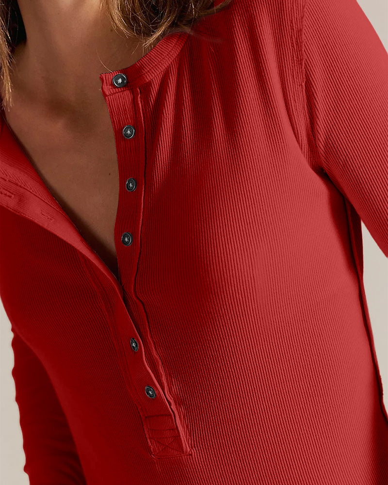 ChicMe Couture Women's Henley Long Sleeve Shirts Ribbed Button V Neck Top