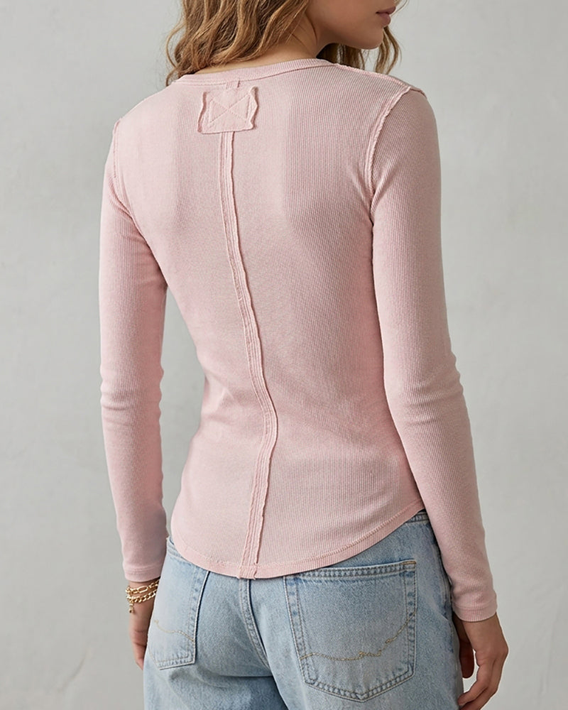 ChicMe Couture Women's Henley Long Sleeve Shirts Ribbed Button V Neck Top