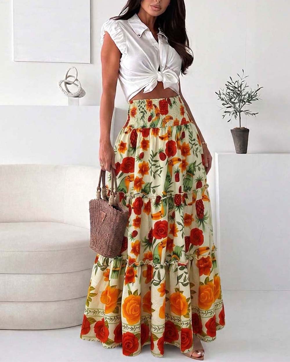 ChicMe Couture Women's Boho Casual Shirred High Waist Flowy Long Beach Resort Top