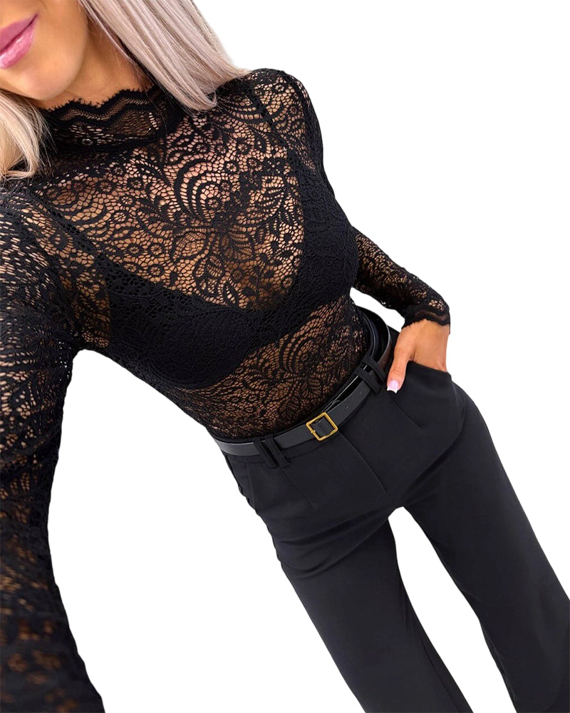 ChicMe Couture Women's Sheer Lace Mesh Long Sleeve Top