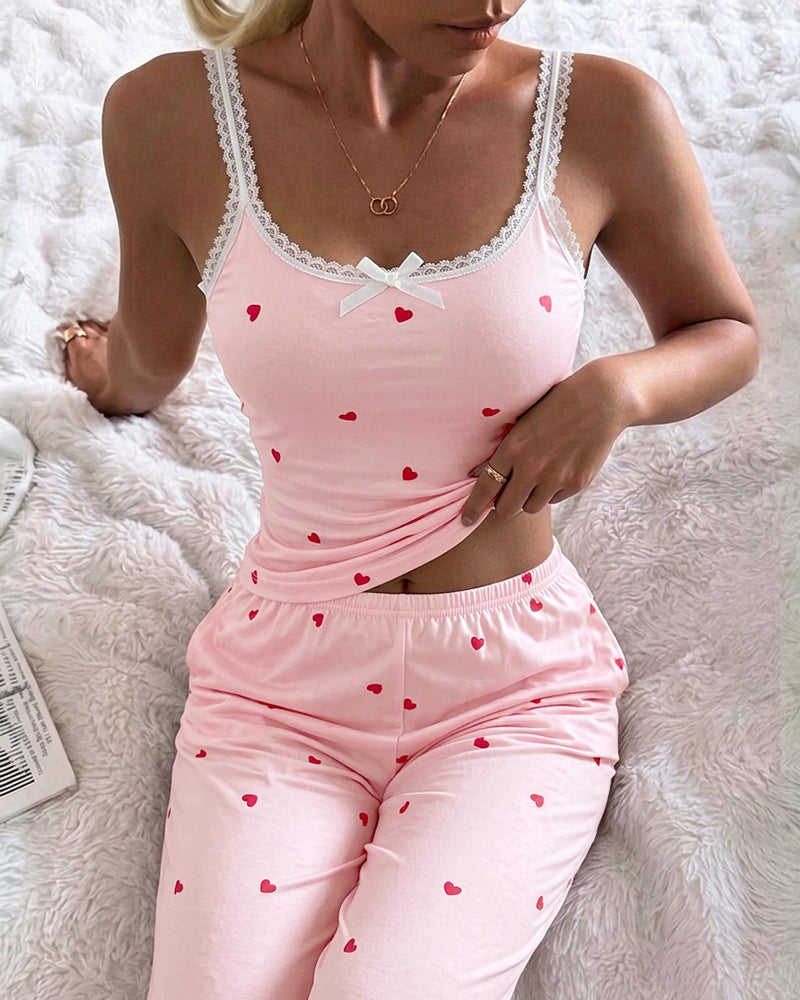 ChicMe Couture Women's Pajamas Set 2 Piece Ditsy Floral Print Lace Cami Top and Pants Loungewear with Pockets Sleepwear