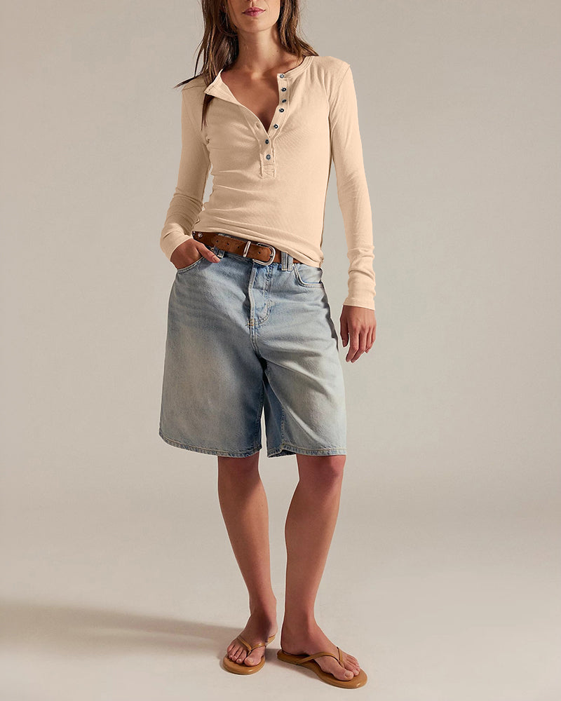 ChicMe Couture Women's Henley Long Sleeve Shirts Ribbed Button V Neck Top
