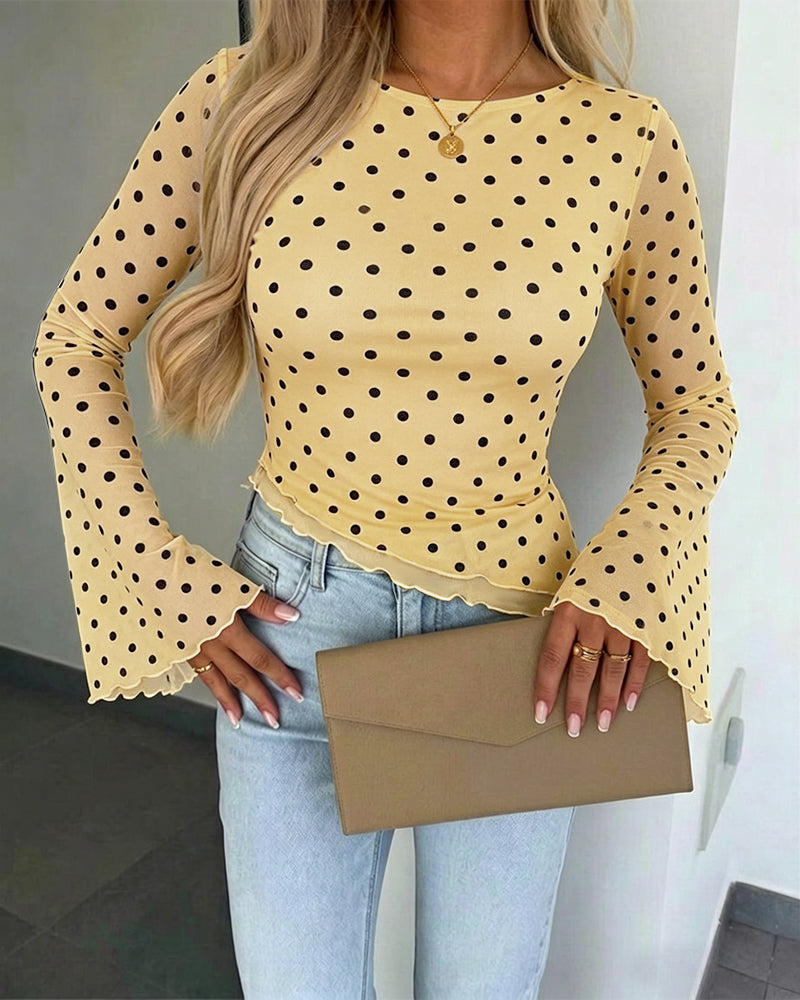 ChicMe Couture Womens Bell Sleeve Polka Dot Mesh Top Coffee Small
